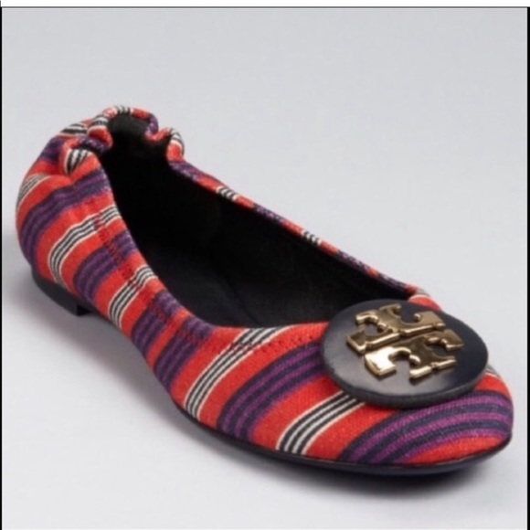 Tory Burch Shoes - Tory Burch Reva Bauer Stripe Printed Canvas Flats